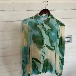 FRNCH Women's Swirl Pattern Button Down Shirt - Green and Blue